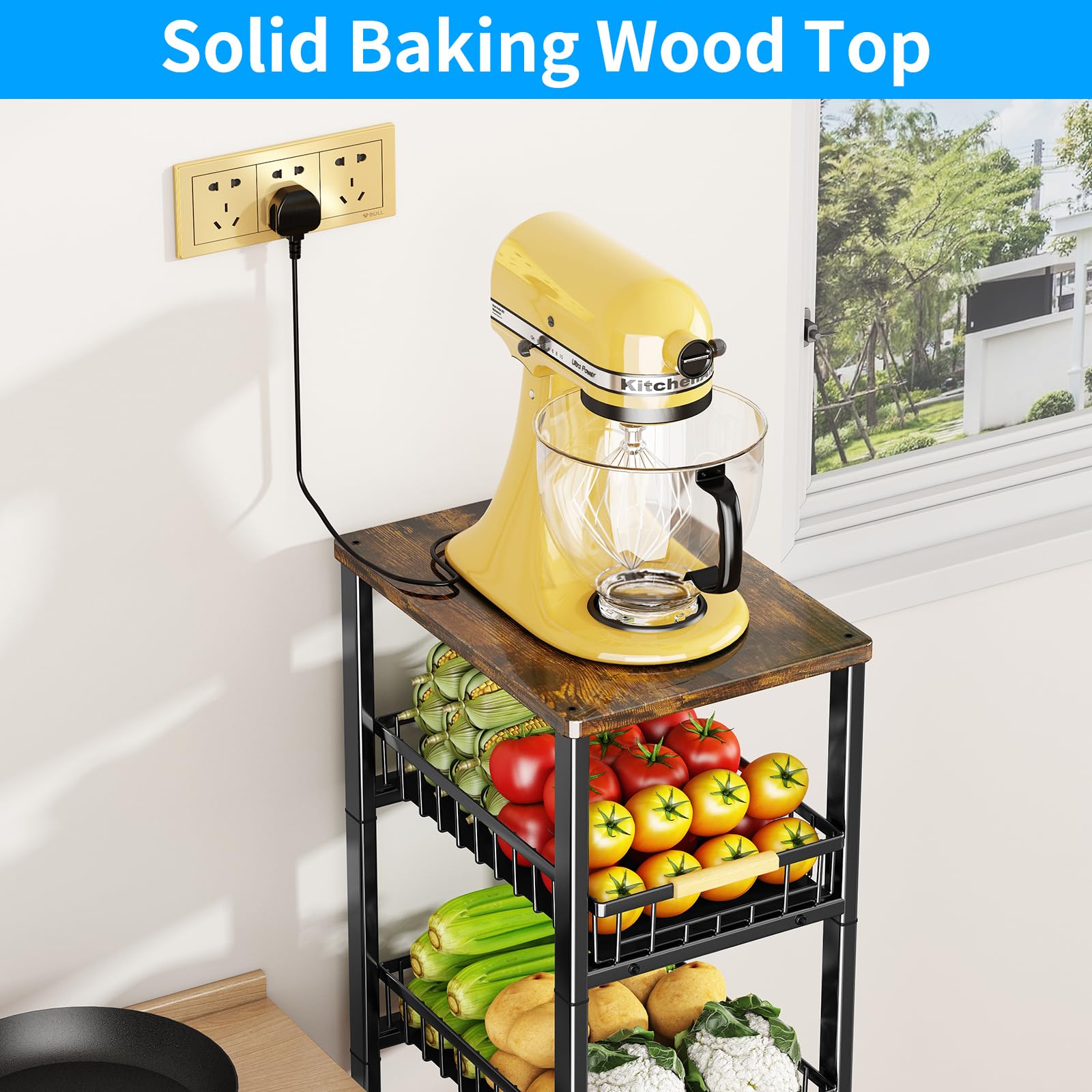 Jolof Store 5-Tier Metal Wire Fruit Vegetable Storage Basket with Wood Top