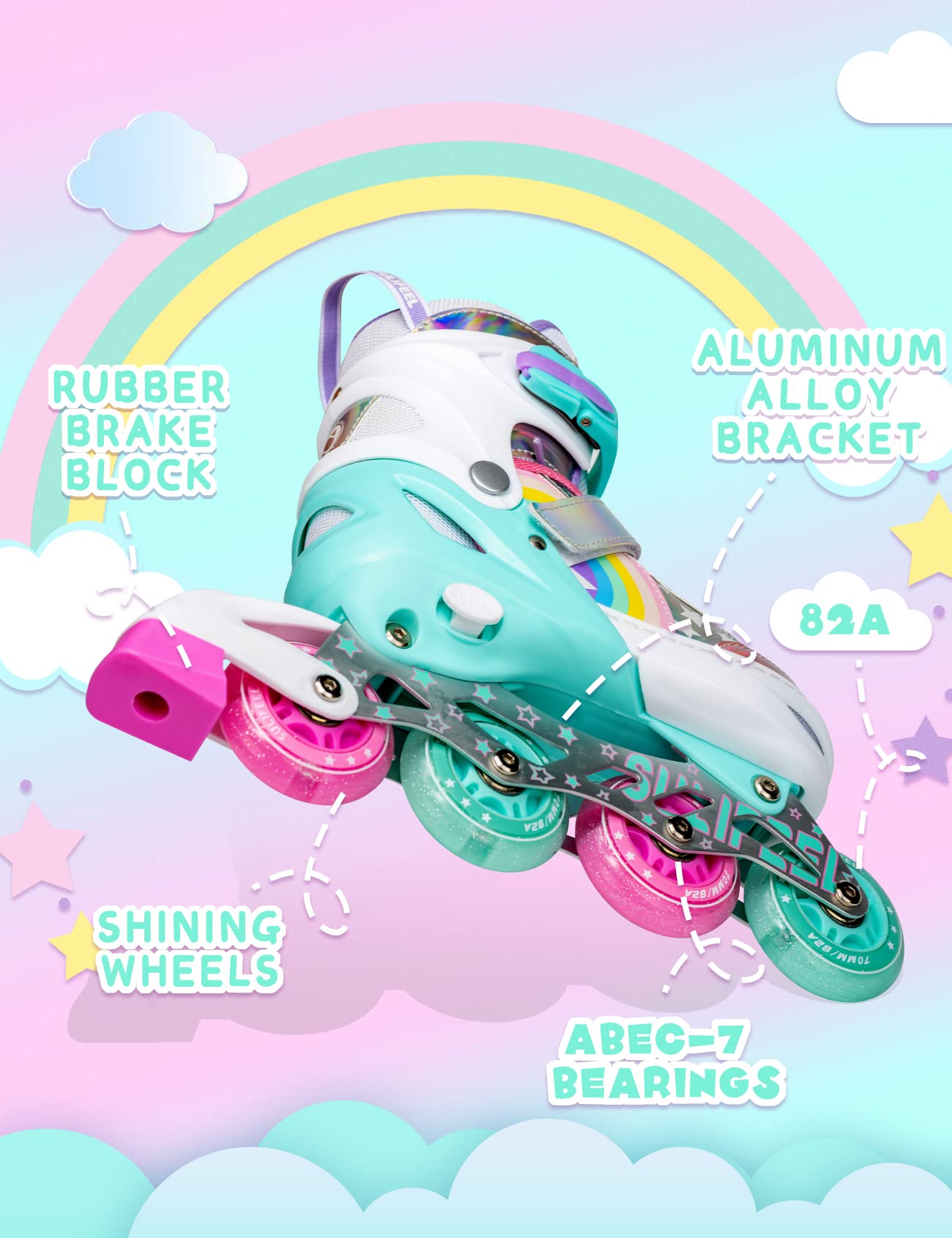 SULIFEEL Rainbow Unicorn Light up Inline Skates for Kids - Medium