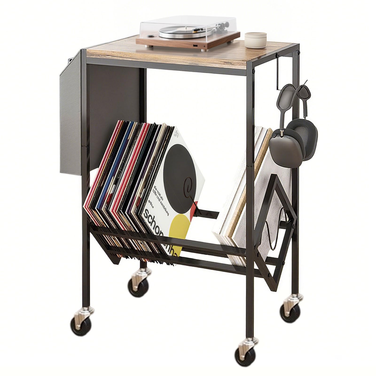 Gemsaya Vinyl Record Player Stand with Storage and Wheels – Industrial