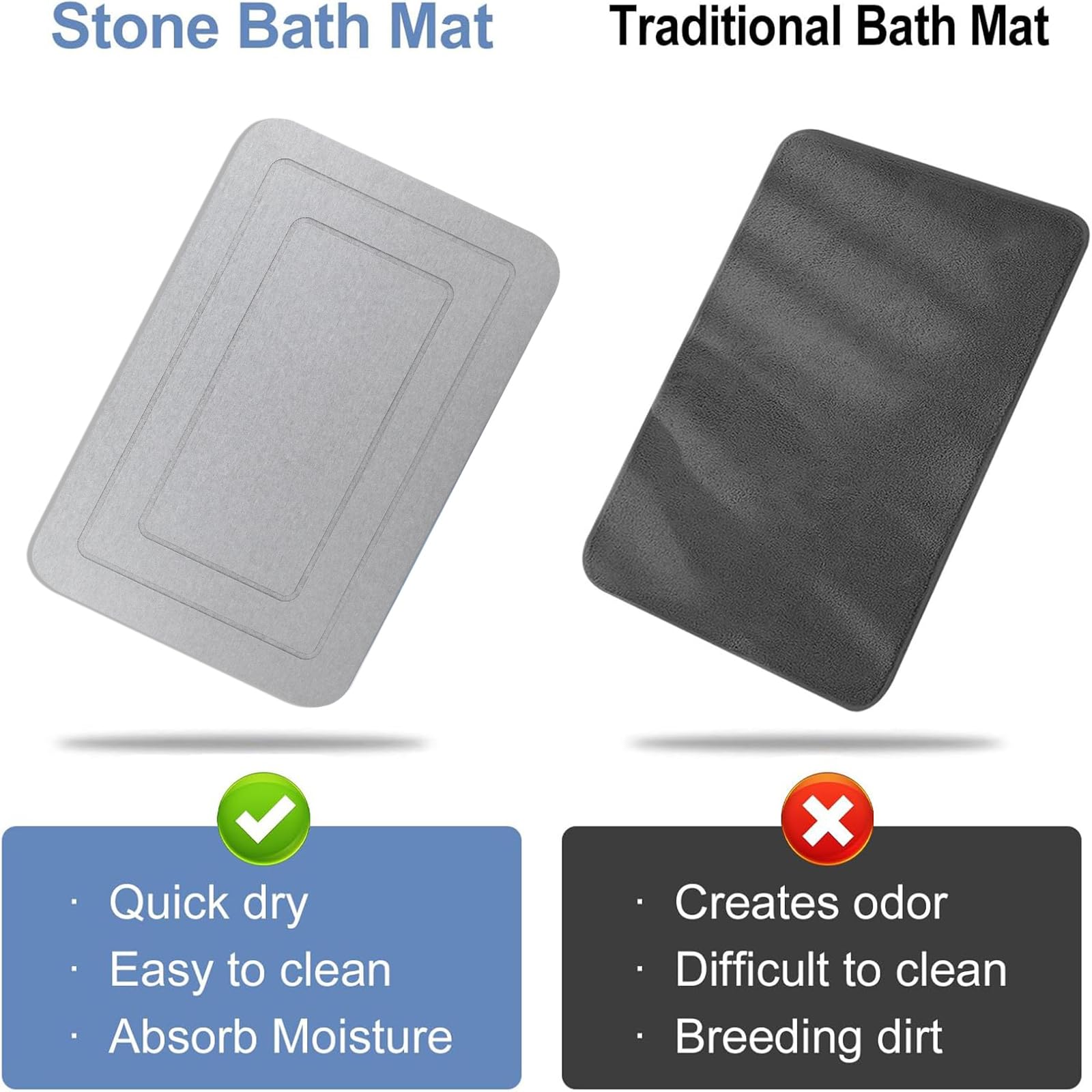 HUMIGA 2-Pack Diatomaceous Earth Stone Bath Mat - Non-Slip Pale Gray