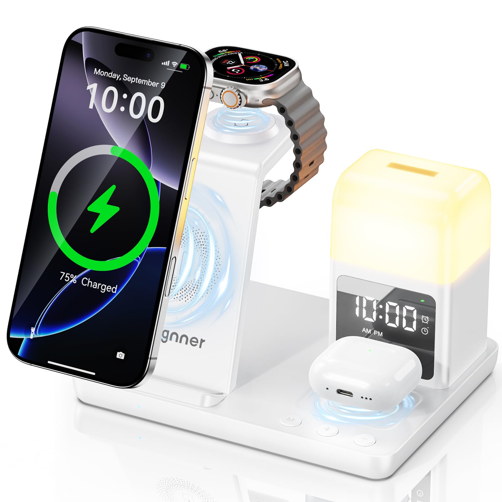 Augnner 6-in-1 Wireless Charging Station with Alarm Clock – 15W White