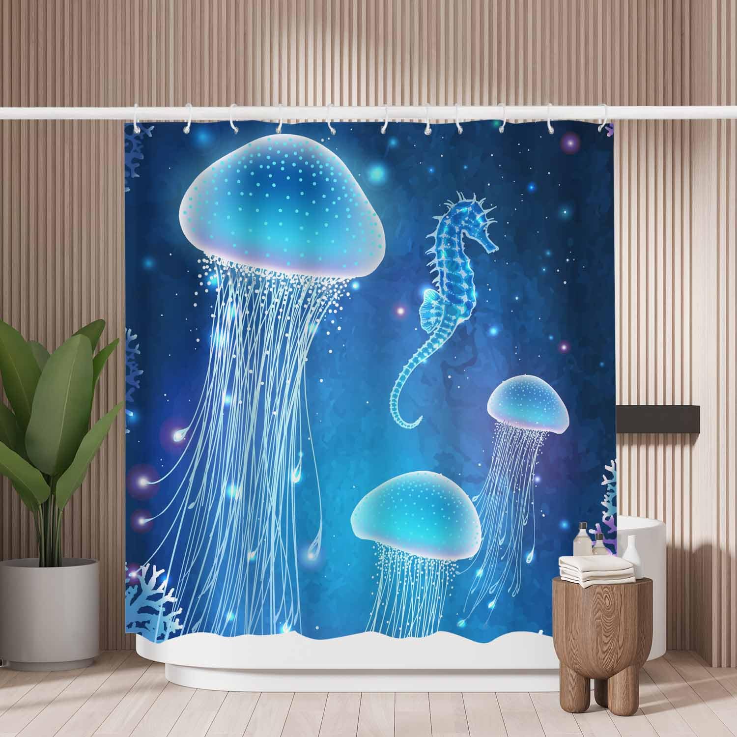 Woutay Jellyfish & Seahorse Shower Curtain | Waterproof Polyester, 180x180cm