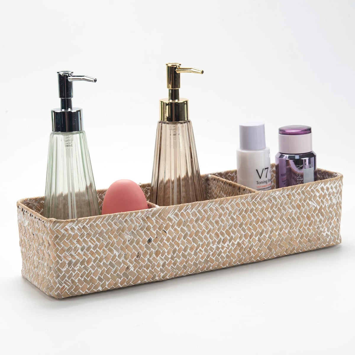 Seagrass Storage Basket with 3 Sections Woven Shelf Baskets for Organizing Whitewash, 37cm x 12cm x 8cm