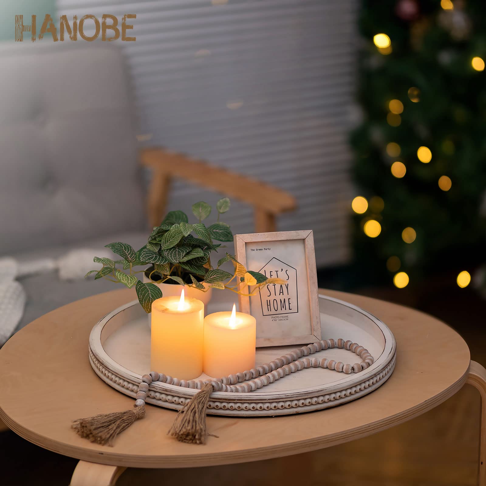 Hanobe 18" Round White Wood Decorative Tray | Beaded Farmhouse Centerpiece