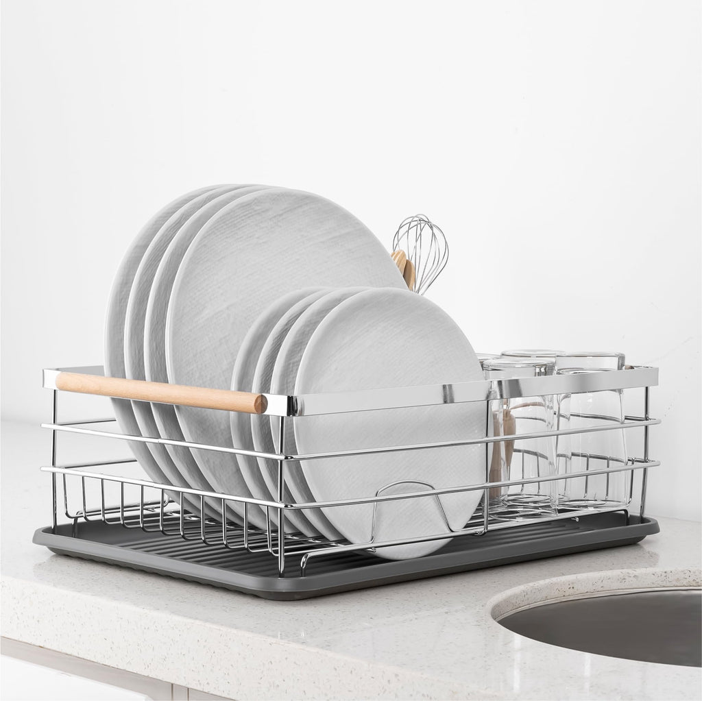 Navaris Compact Dish Drying Rack with Drip Tray and Wooden Handles – Silver