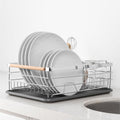 Navaris Compact Dish Drying Rack with Drip Tray and Wooden Handles – Silver