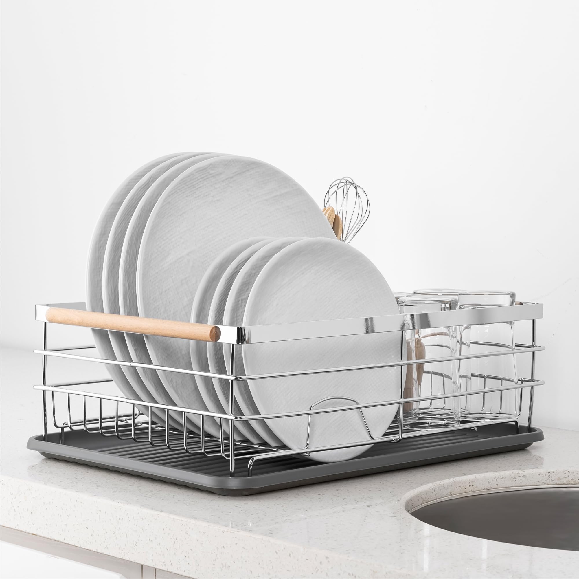Navaris Compact Dish Drying Rack with Drip Tray and Wooden Handles – Silver