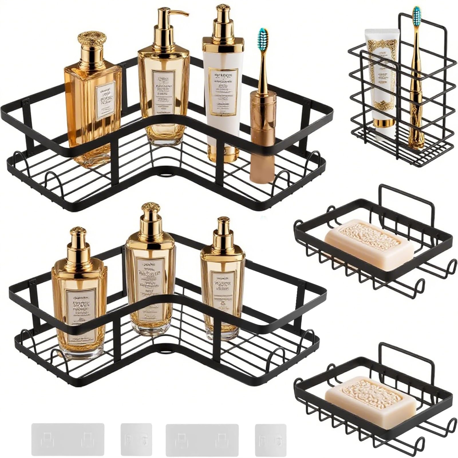 UNGFEI 5-Pack Corner Shower Caddy Shelf Set – No-Drill Adhesive Black Rack