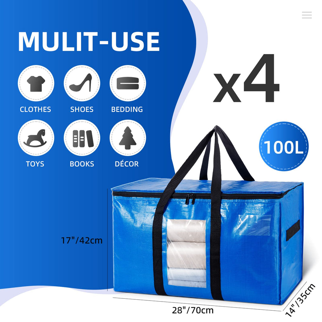 TAILI Heavy Duty Moving Bags - 4 Pack Extra Large 100L Storage with Zips