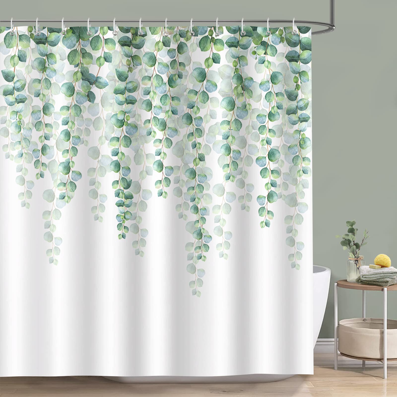 Bonhause Eucalyptus Green Leaves Shower Curtain | Waterproof Polyester Fabric