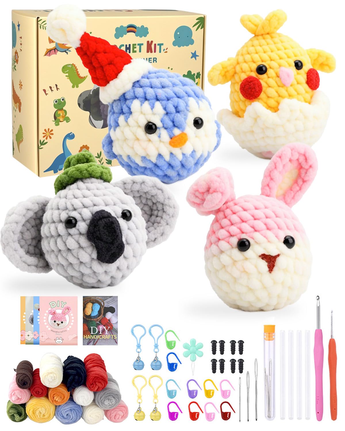 Jolof Store 4 Pcs Animal Crochet Kit for Beginners with Chenille Yarn