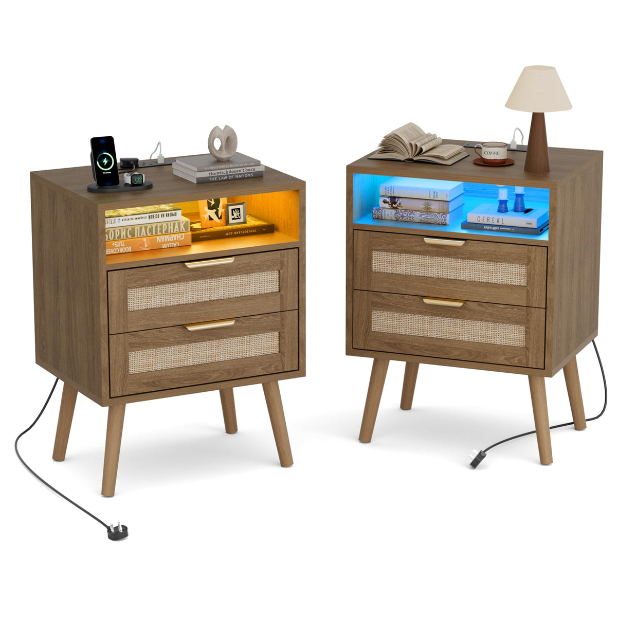BonVache Bedside Tables Set of 2, Adjustable Lighting, Nightstand with LED Lights and Charging Station, Open Compartment and 2 Rattan Drawers - image 1
