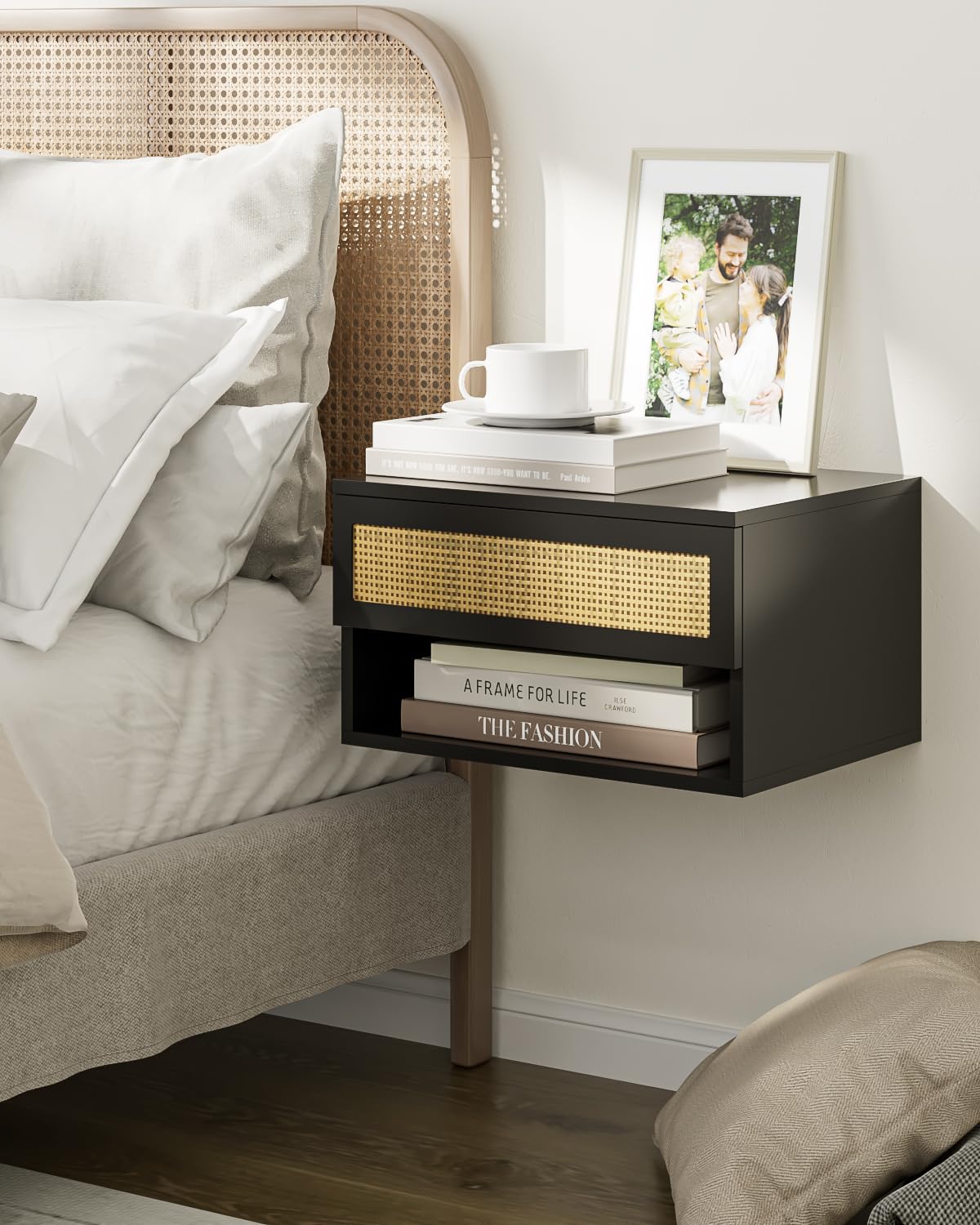 HEYZOEY Floating Nightstand – Modern Black Rattan Bedside Table with Drawer
