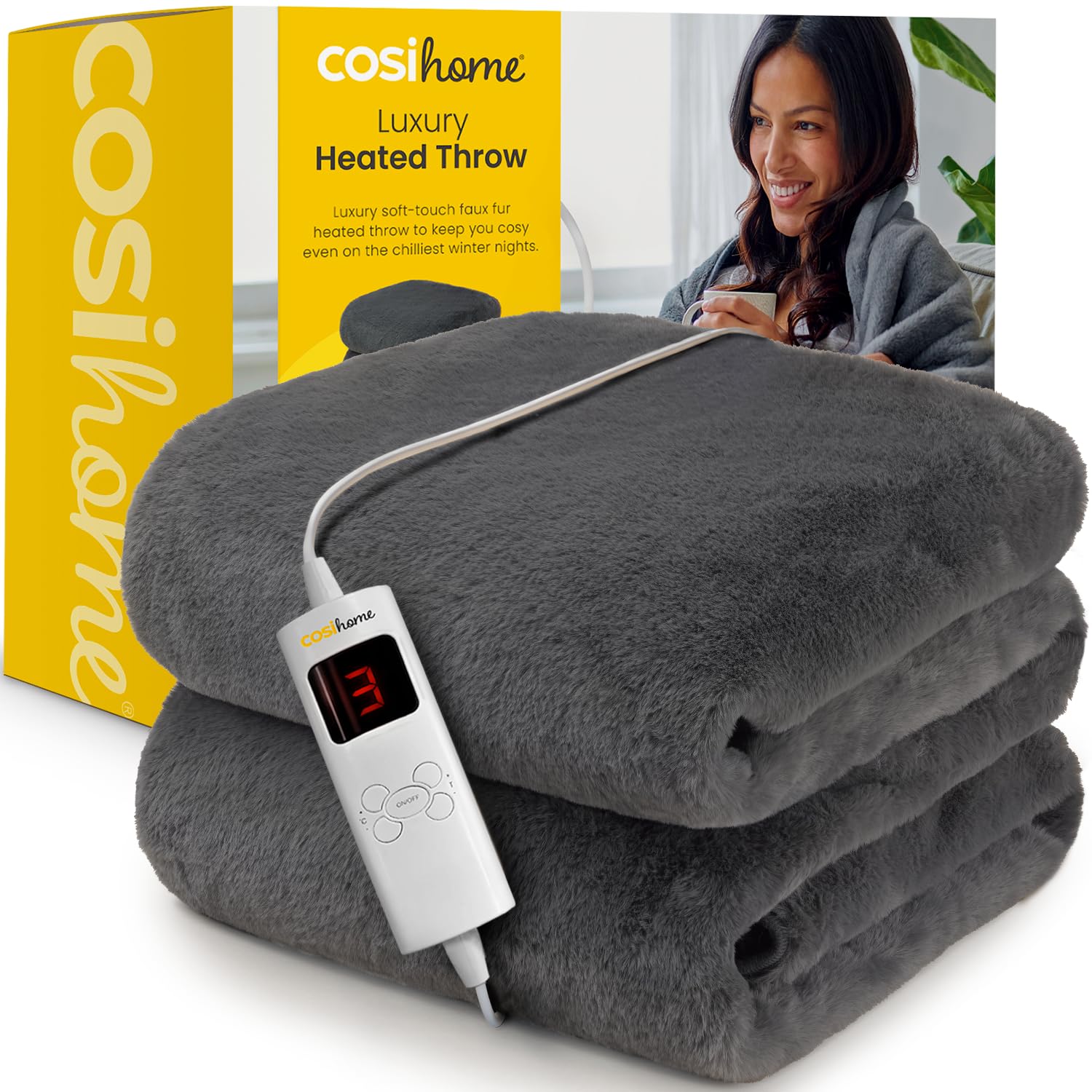 Cosi Home Luxury Faux Fur Heated Throw - Grey Electric Blanket, 160x130cm