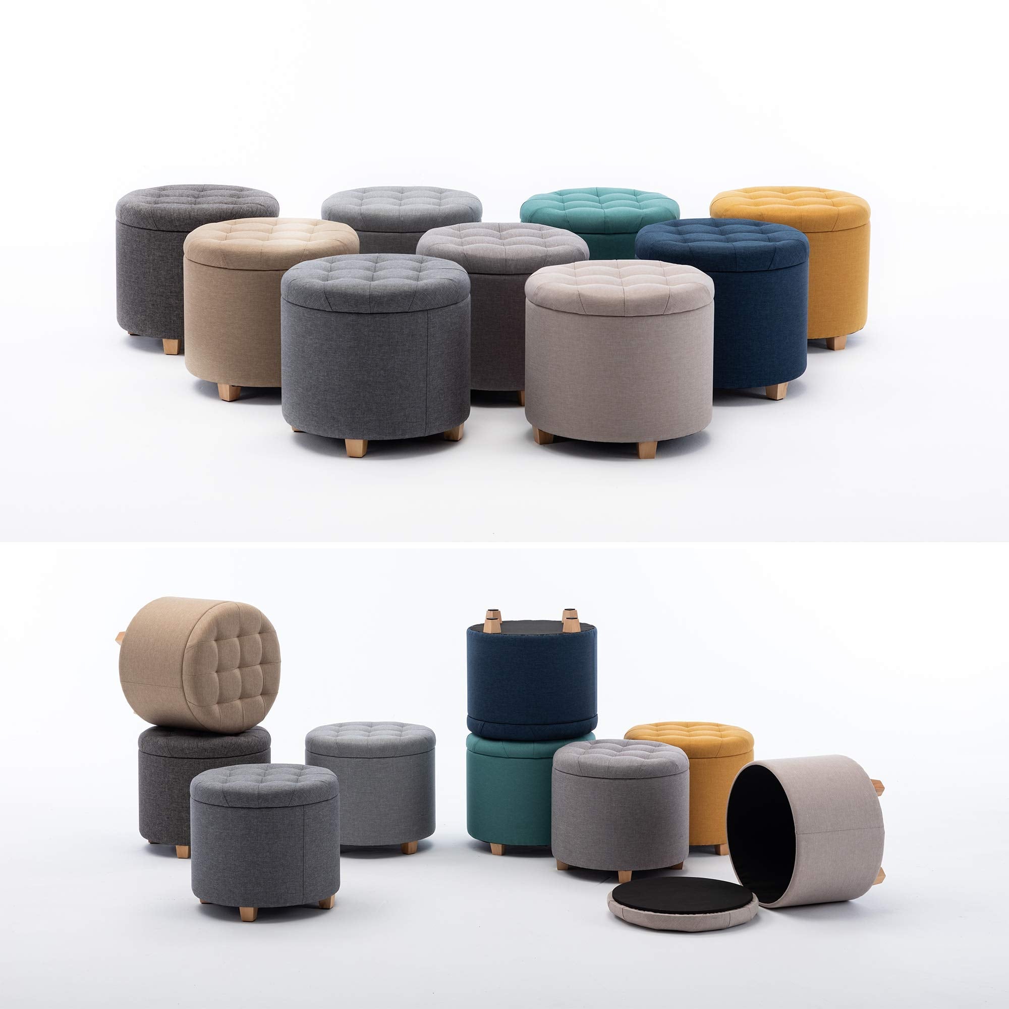 HNNHOME Round Linen Storage Ottoman – Padded Footstool Stool (Lava)