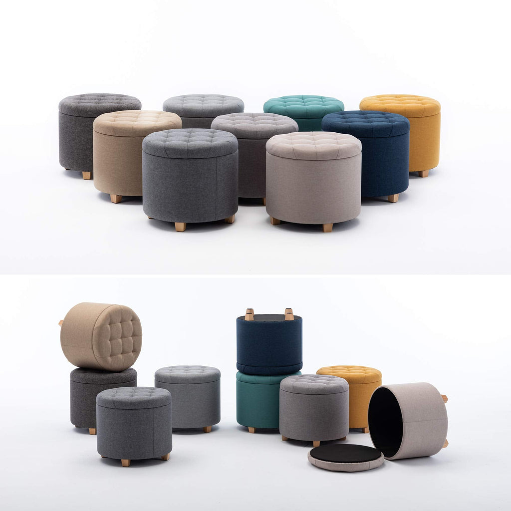 HNNHOME Round Linen Storage Ottoman – Padded Footstool Stool, 45cm