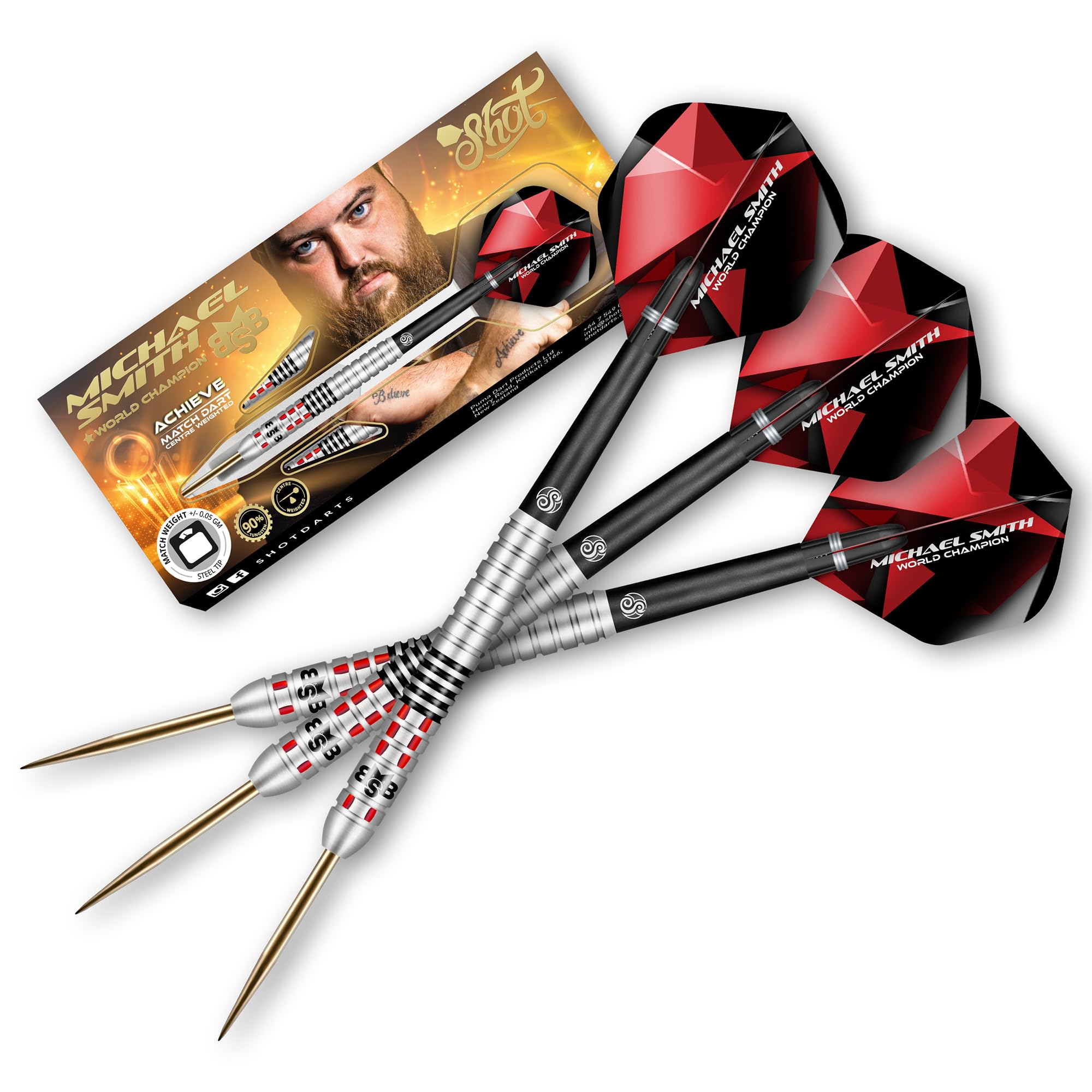 Shot! Michael Smith Achieve 90% Tungsten Steel Tip Darts Set – 25g