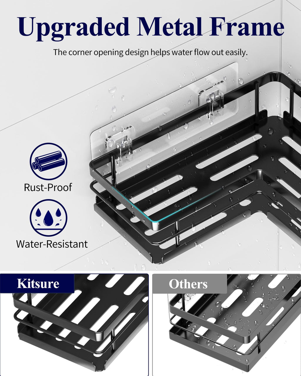 Kitsure Corner Shower Caddy – 2-Pack Adhesive Bathroom Shelves, Black, L