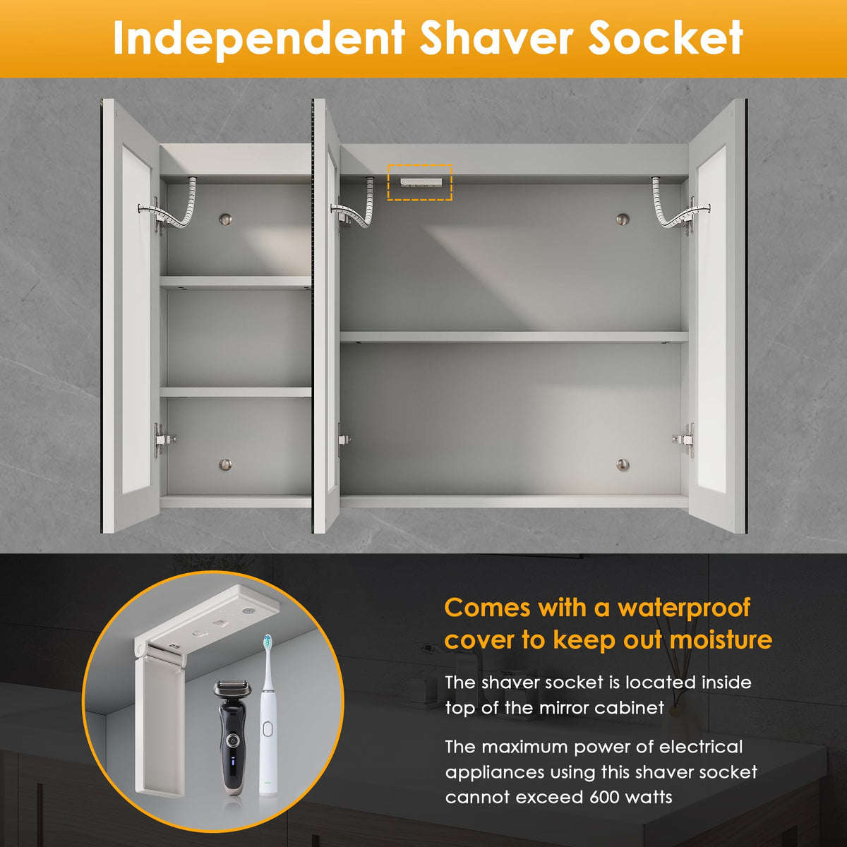 ELEGANT LED Bathroom Mirror Cabinet with Shaver Socket, Grey, 900x600mm - image 3