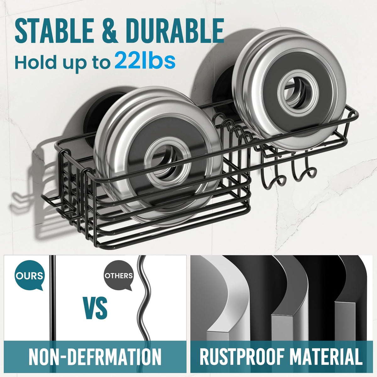 TAILI Suction Shower Caddy Stainless Steel Rustproof Suction Cup, Black - image 4
