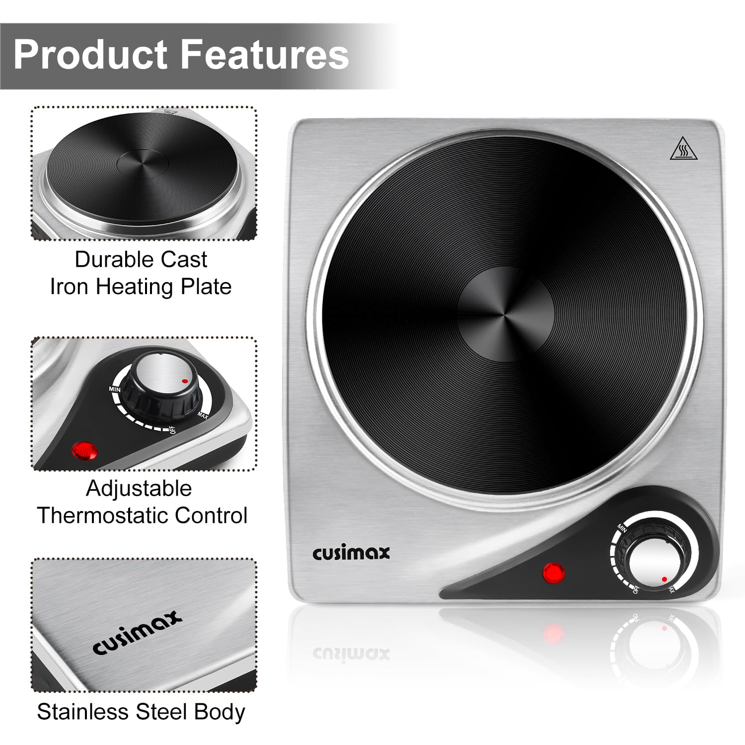 CUSIMAX Portable Electric Hot Plate – 1500W Single Burner Cooktop