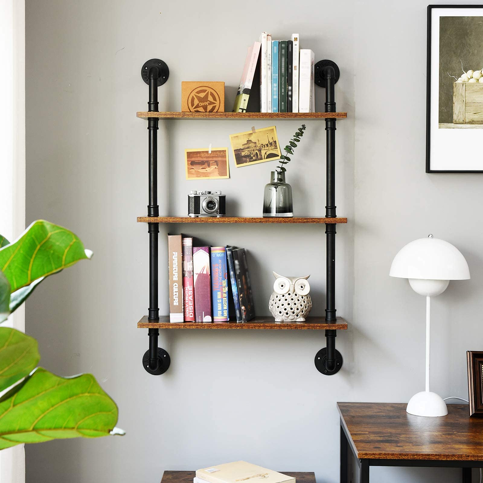 IBUYKE Industrial Pipe Floating Shelves | 3-Tier Wood Wall Storage