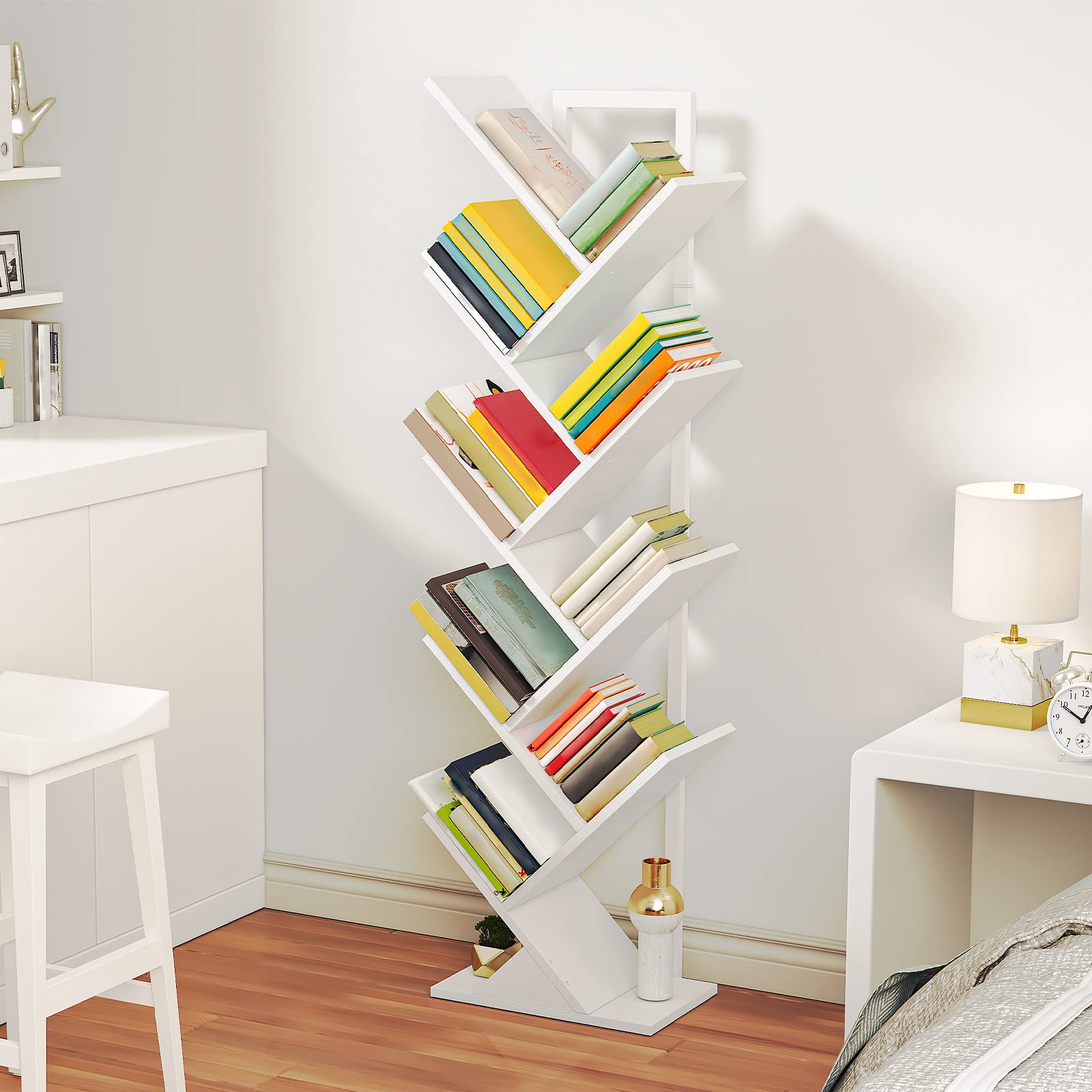 HOOBRO 9-Tier Tree Bookshelf | Tall Floor Standing Bookcase, White