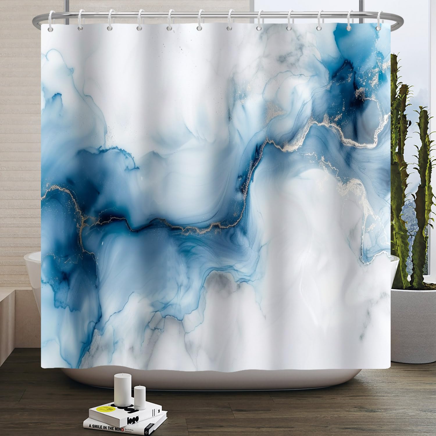 Jolof Store Blue Grey Marble Shower Curtain – Waterproof Polyester