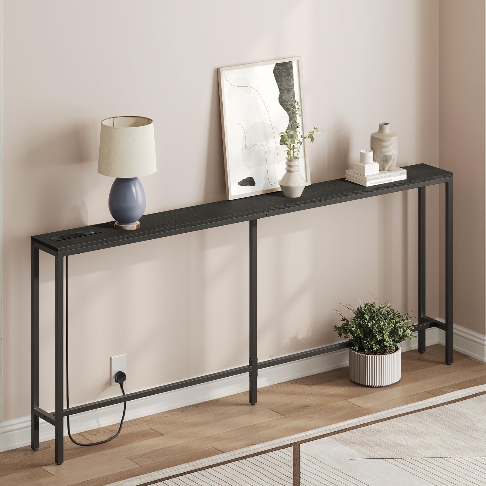 MAHANCRIS 200cm Narrow Console Table with Power Outlet | Industrial Brown