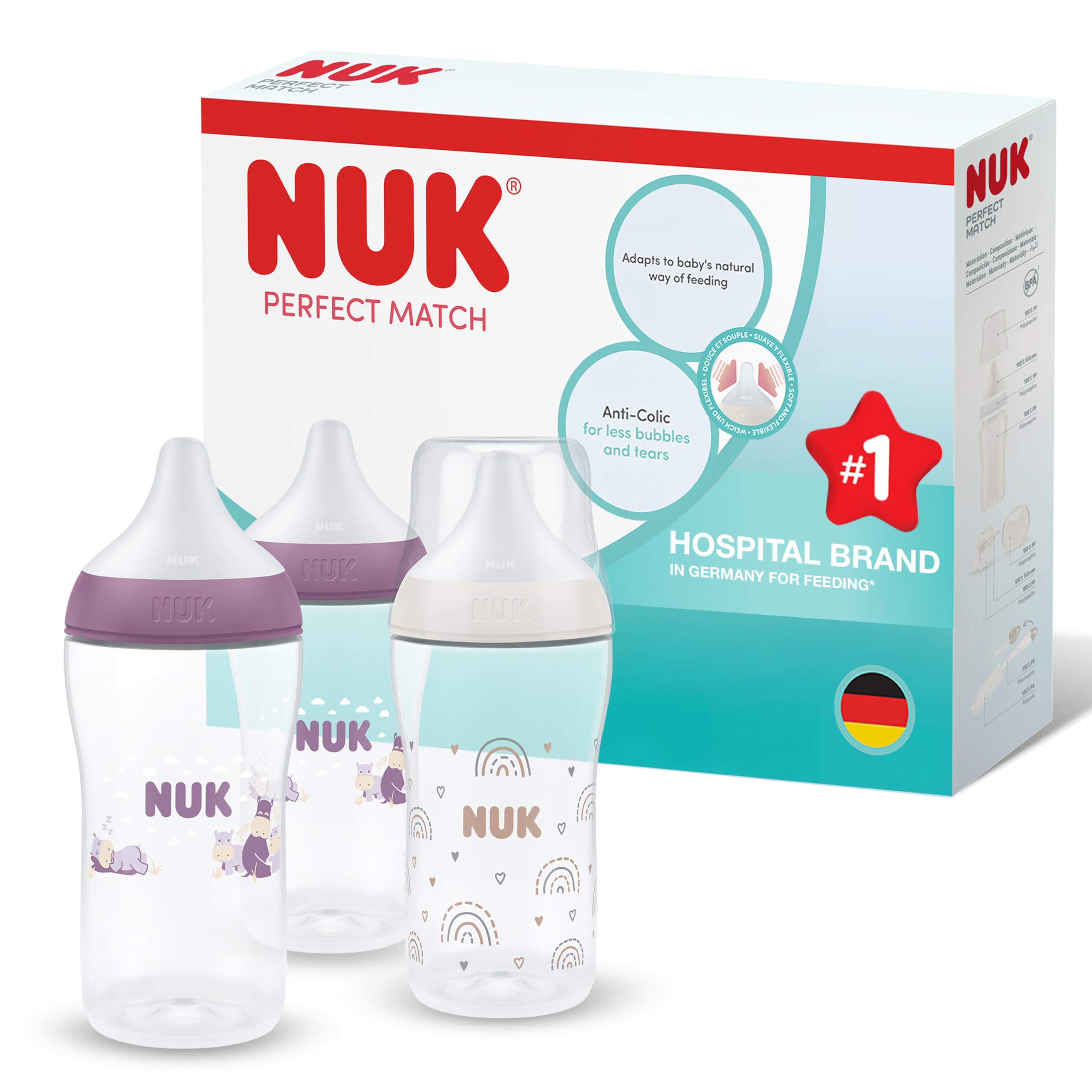 NUK Perfect Match Anti Colic Baby Bottle | 260ml | 3+ Months | 3 Pack