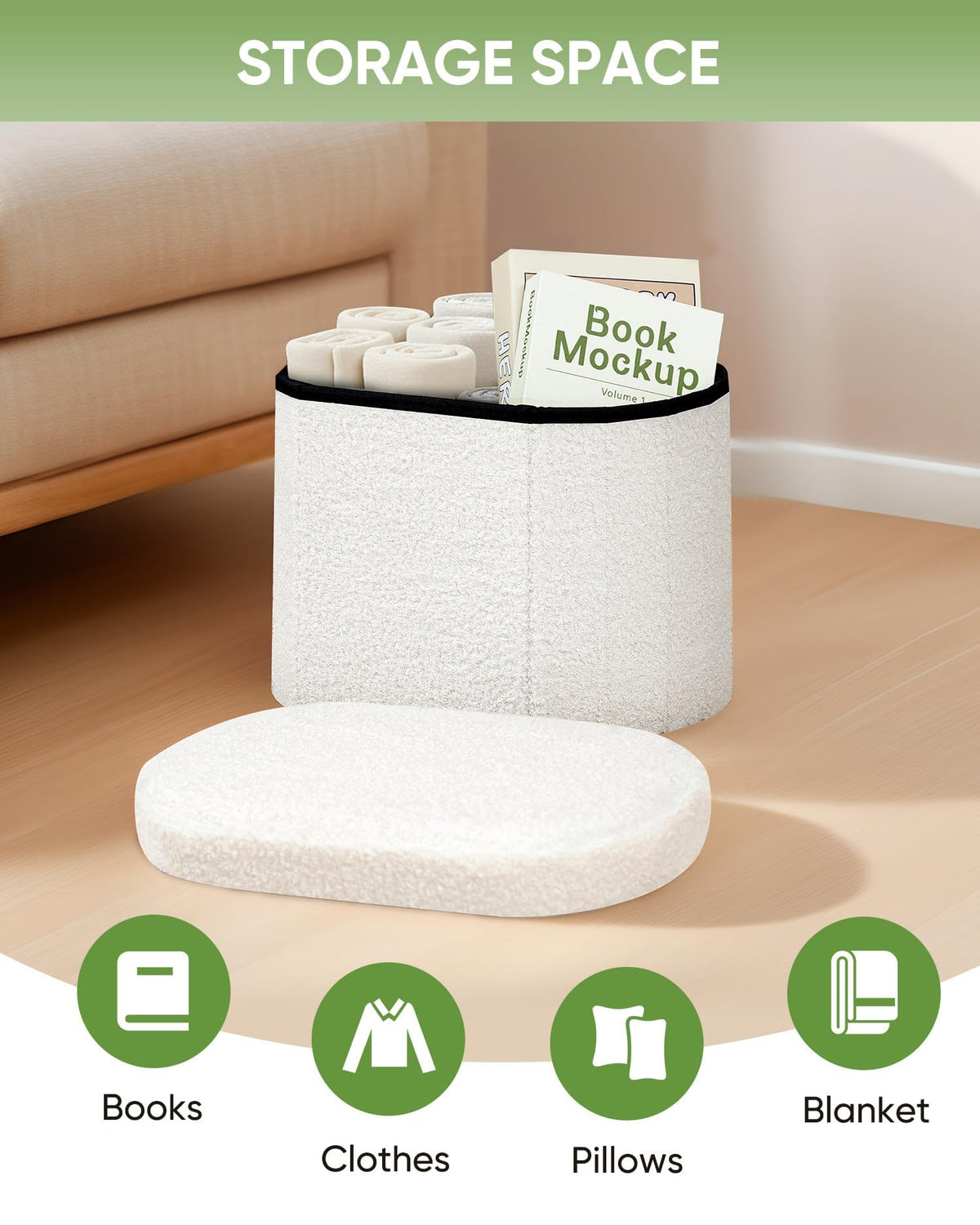 Bonlife Small Ottoman Storage Stool, Folding Boucle Footstool with Lid,41cm - image 2