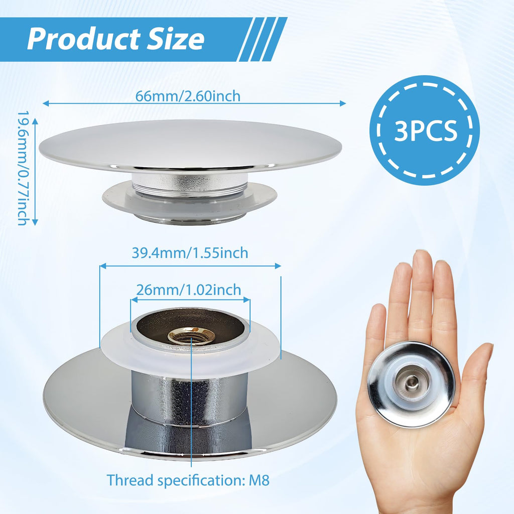 3 Pcs Pop Up Sink Plug Replacement 66mm,Chrome Click Clack Sink Plug Replacement,Pop Up Push Button Waste Stopper for Bathroom Sinks & Bathtubs - image 2