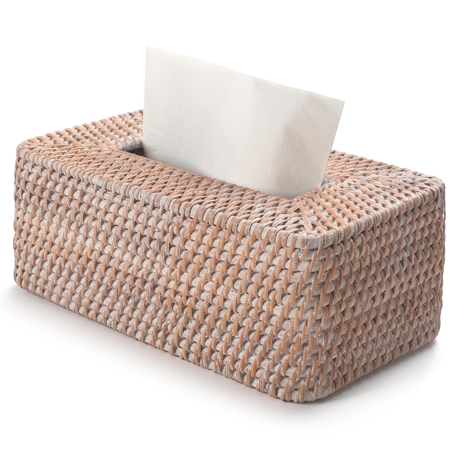 YANGQIHOME Rattan Tissue Box Cover – Hand Woven Wicker Holder, Whitewash