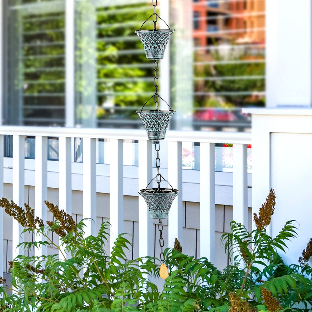 Hanayard Blue Plaid Umbrella Rain Chain – 8.5 FT Metal Gutter Downspout