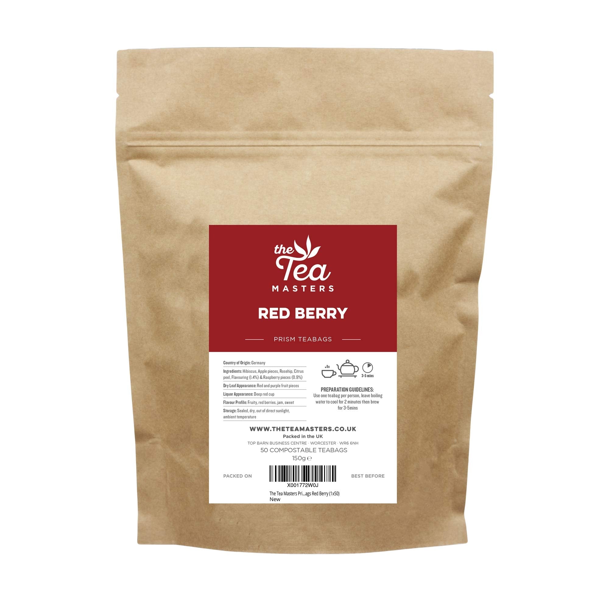 The Tea Masters Red Berry Fruit Tea – 50 Compostable Prism Teabags