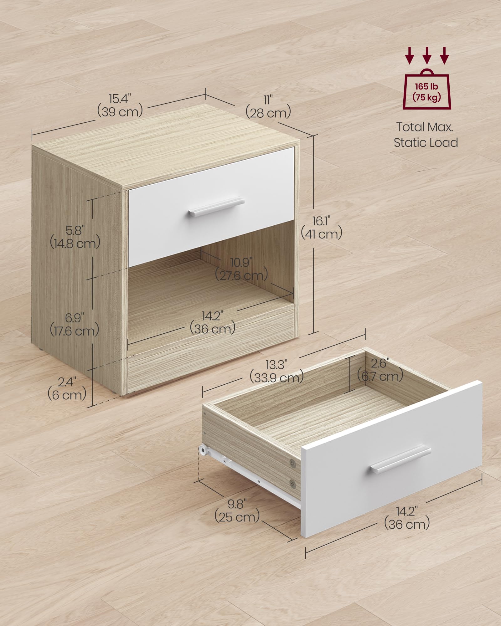 VASAGLE Bamboo Bedside Tables, Set of 2 – Modern Nightstands with Drawers