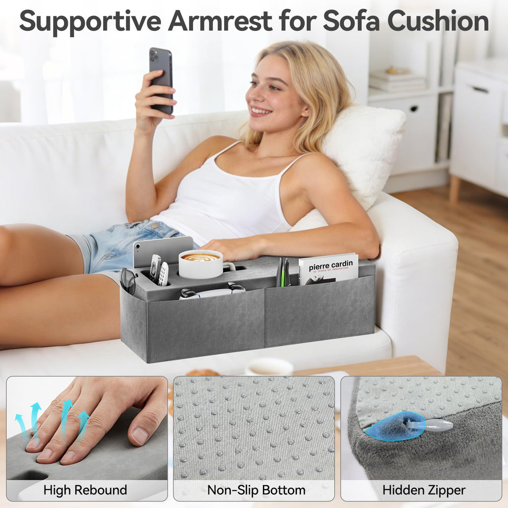Heyife Couch Armrest Caddy with Cup Holder, Portable Sofa Armrest Pillow Drink Holder Table Tray with 5 Large Side Storage Pockets - image 3