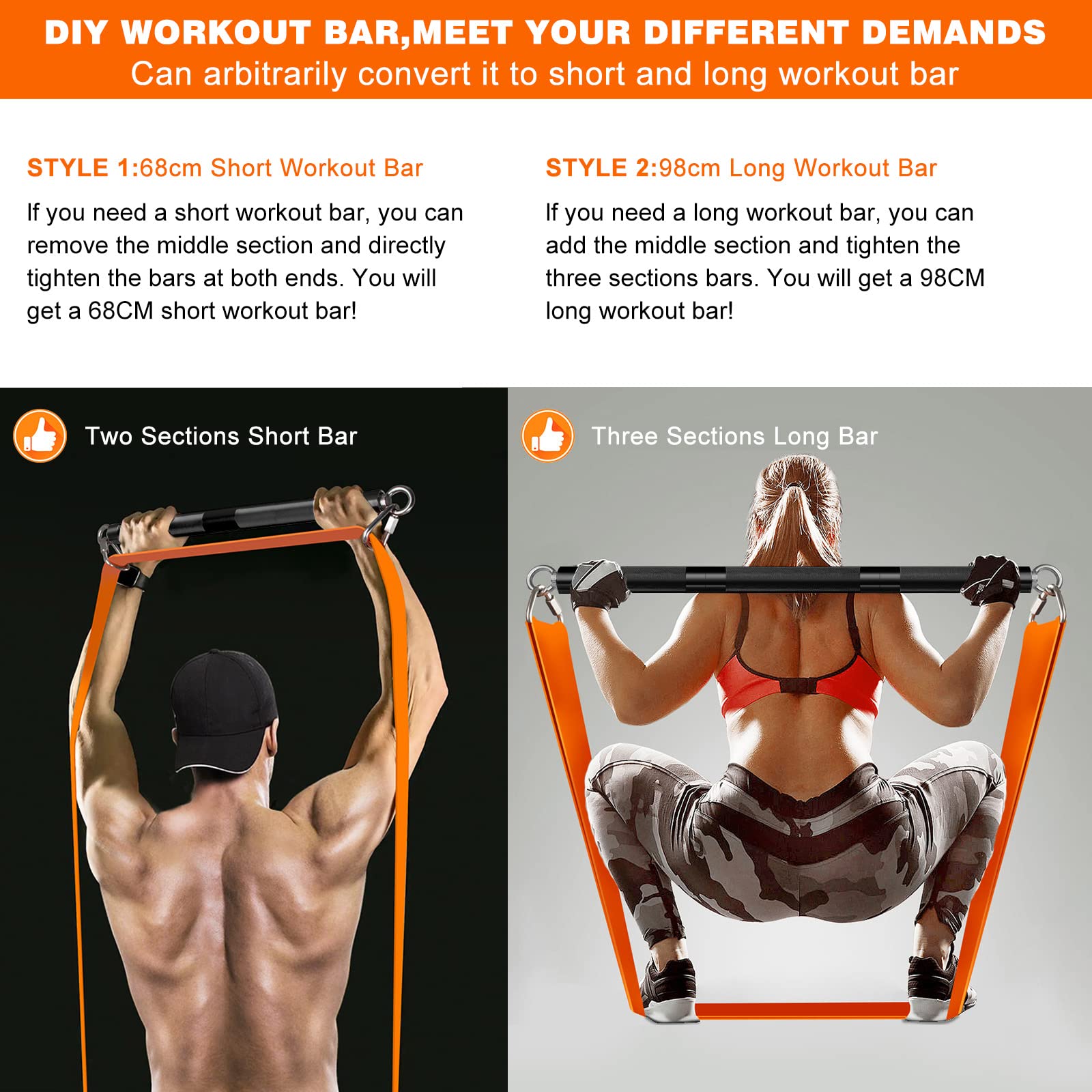 DASKING Resistance Bands Bar | Portable 500lb Steel Workout Bar for Home Gym