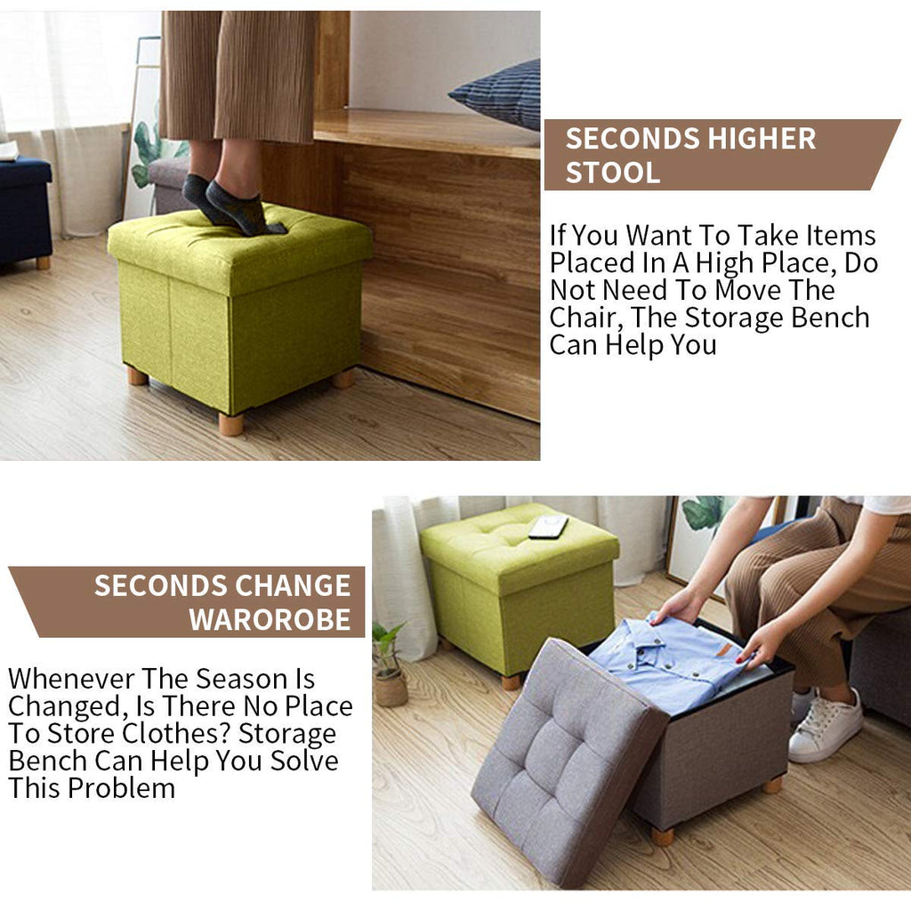 BRIAN & DANY Folding Storage Ottoman | Linen Foot Stool with Wood Legs