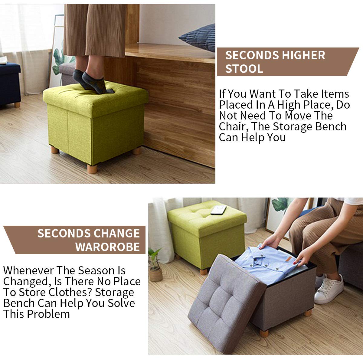 BRIAN & DANY Folding Storage Ottoman | Linen Foot Stool with Wood Legs