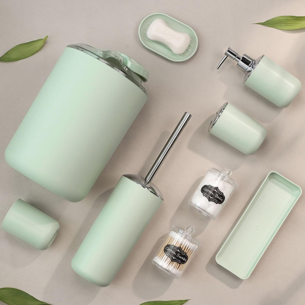 IMAVO 8-Piece Bathroom Accessory Set with Trash Can - Green Plastic Decor