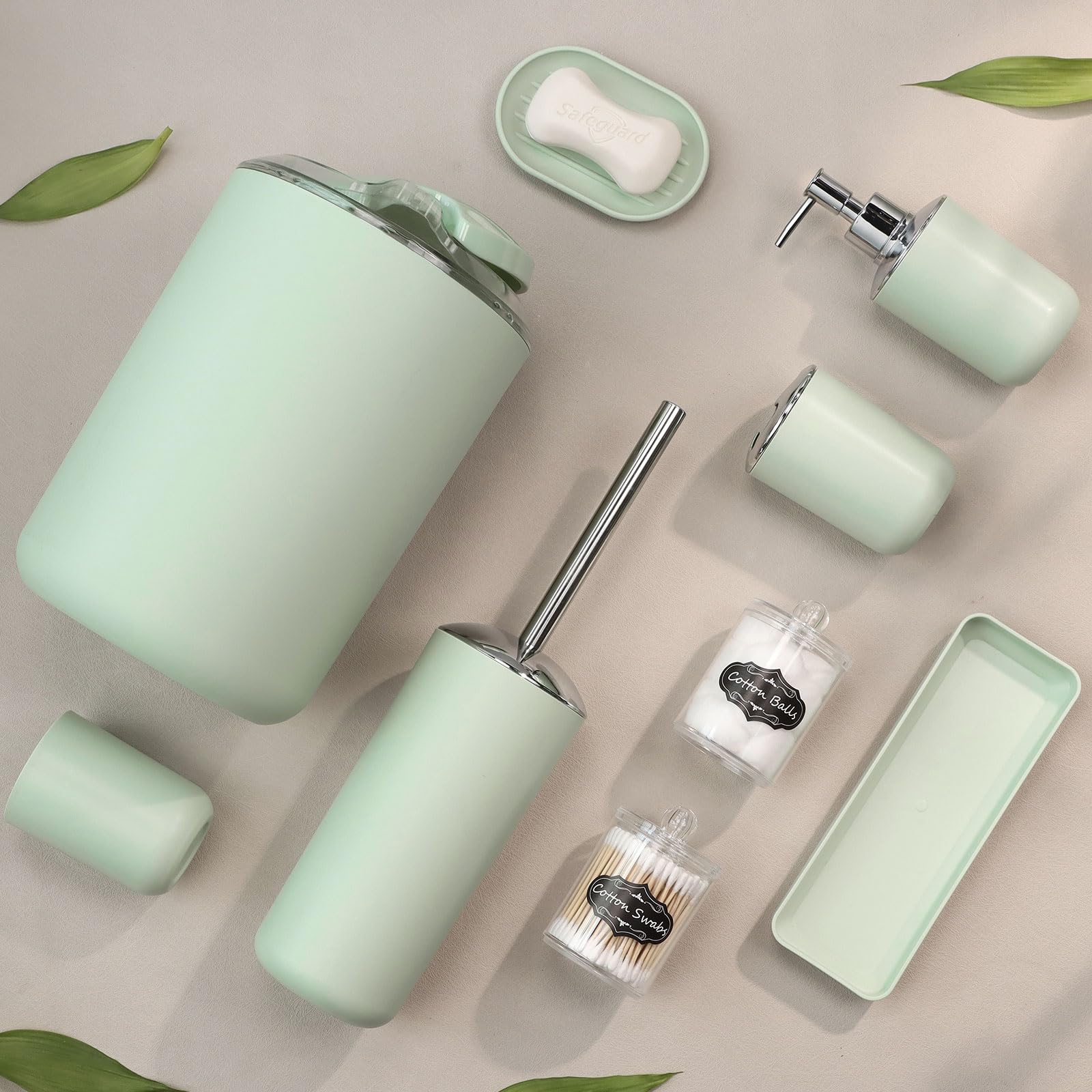 IMAVO 8-Piece Bathroom Accessory Set with Trash Can - Green Plastic Decor