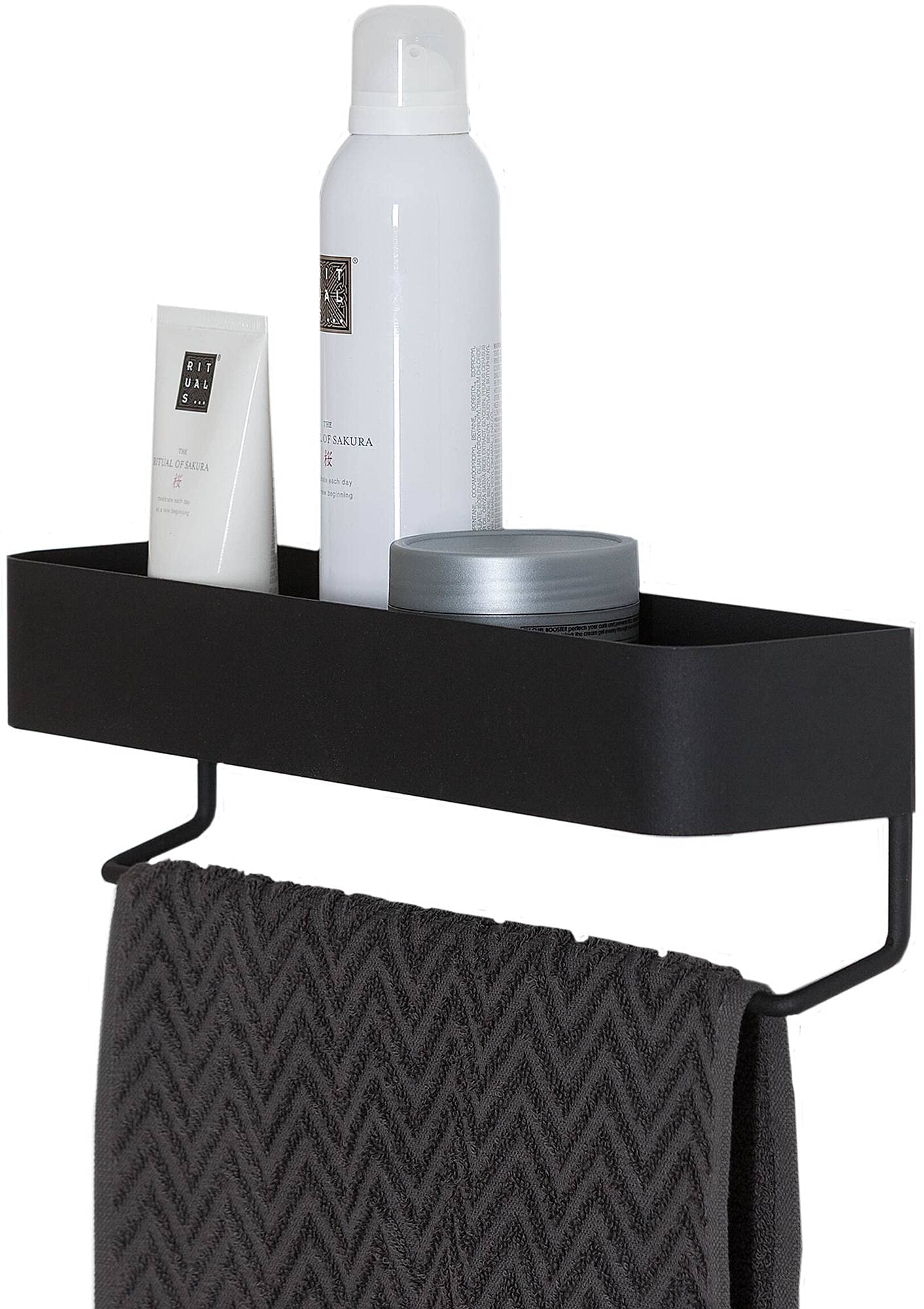 Sealskin Brix Wall Tray with Towel Rail – Black Metal Industrial Shelf
