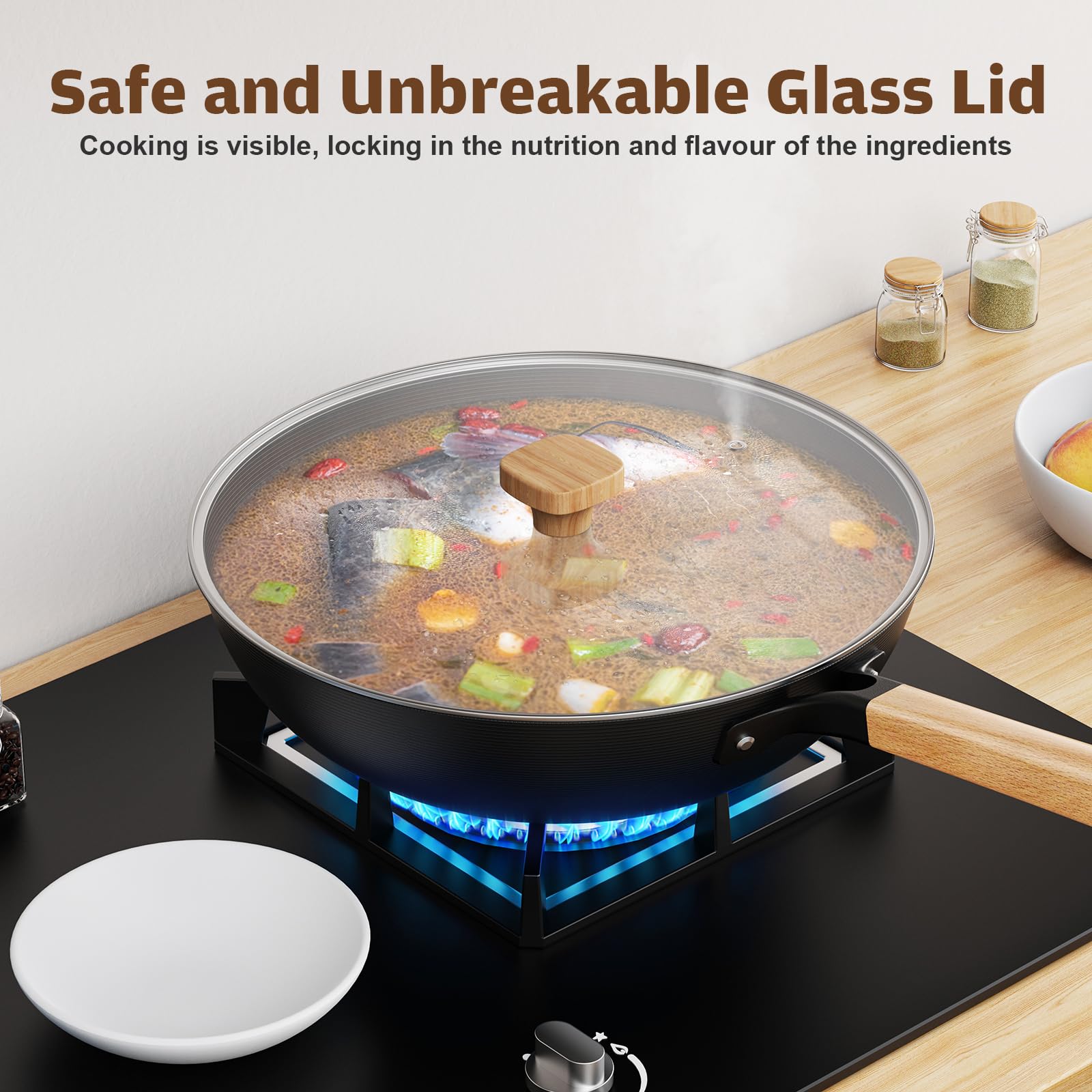 Jobin 30cm Carbon Steel Wok with Lid – Non-Stick Stir Fry Pan for Induction