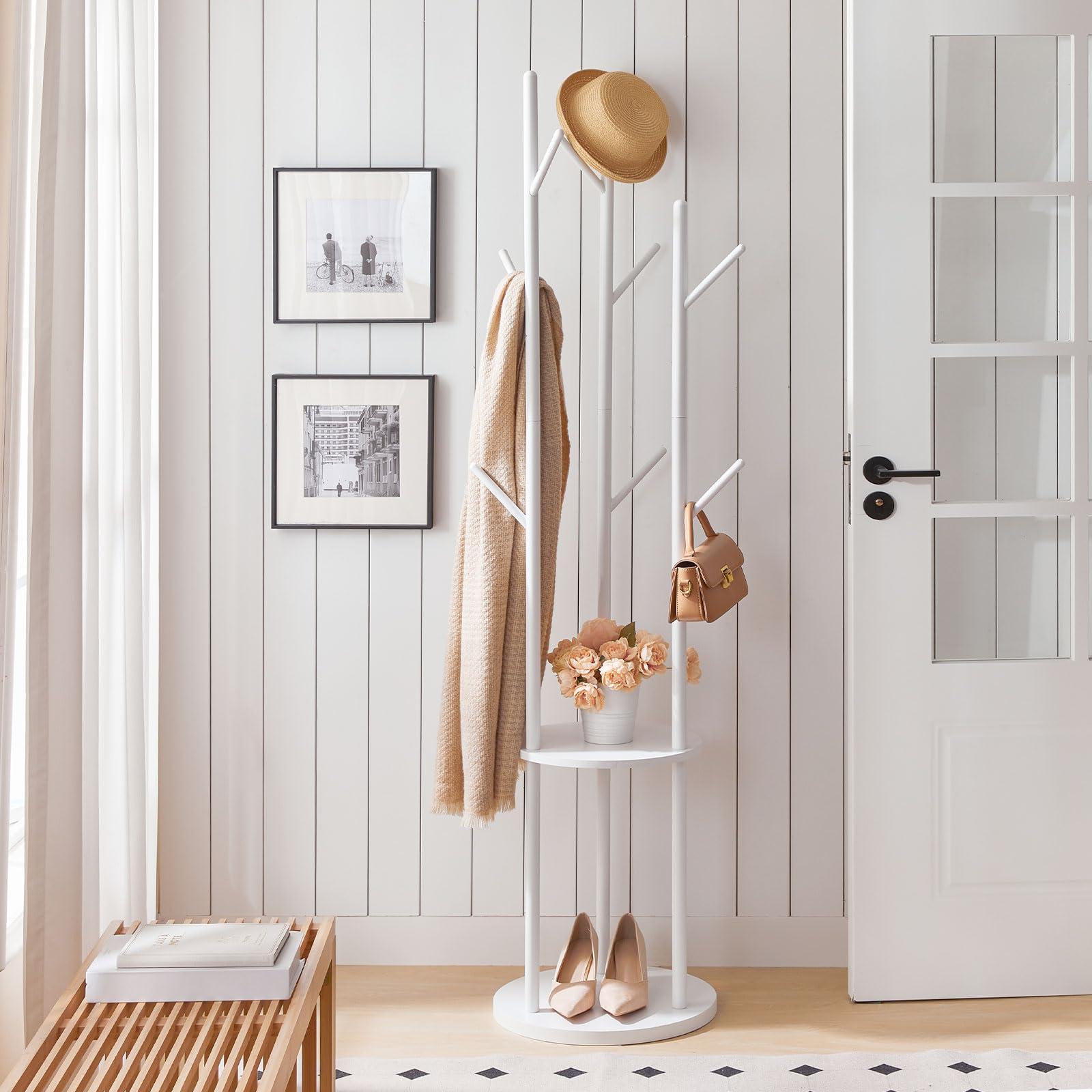 HOOBRO Freestanding Coat Rack Stand with 8 Hooks and 2 Shelves, White