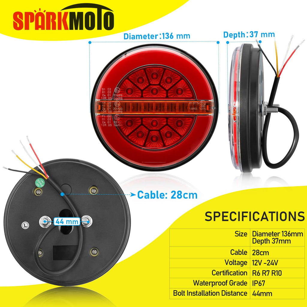 SPARKMOTO Round LED Trailer Tail Lights | 12V 24V IP67 Waterproof - 2 Pack