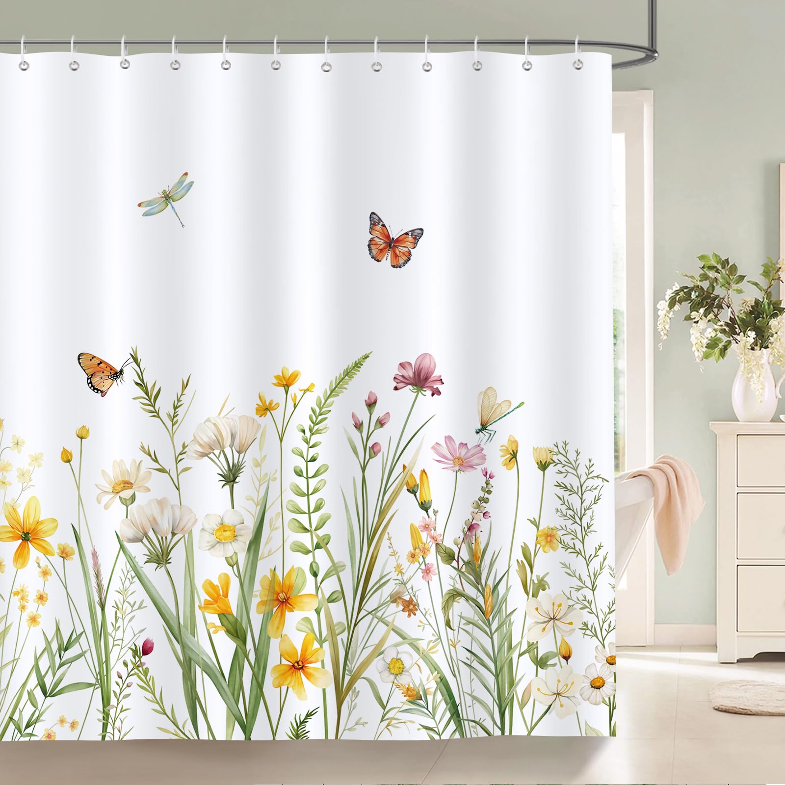 Bonhause Spring Floral Shower Curtain | Yellow Wildflower Polyester