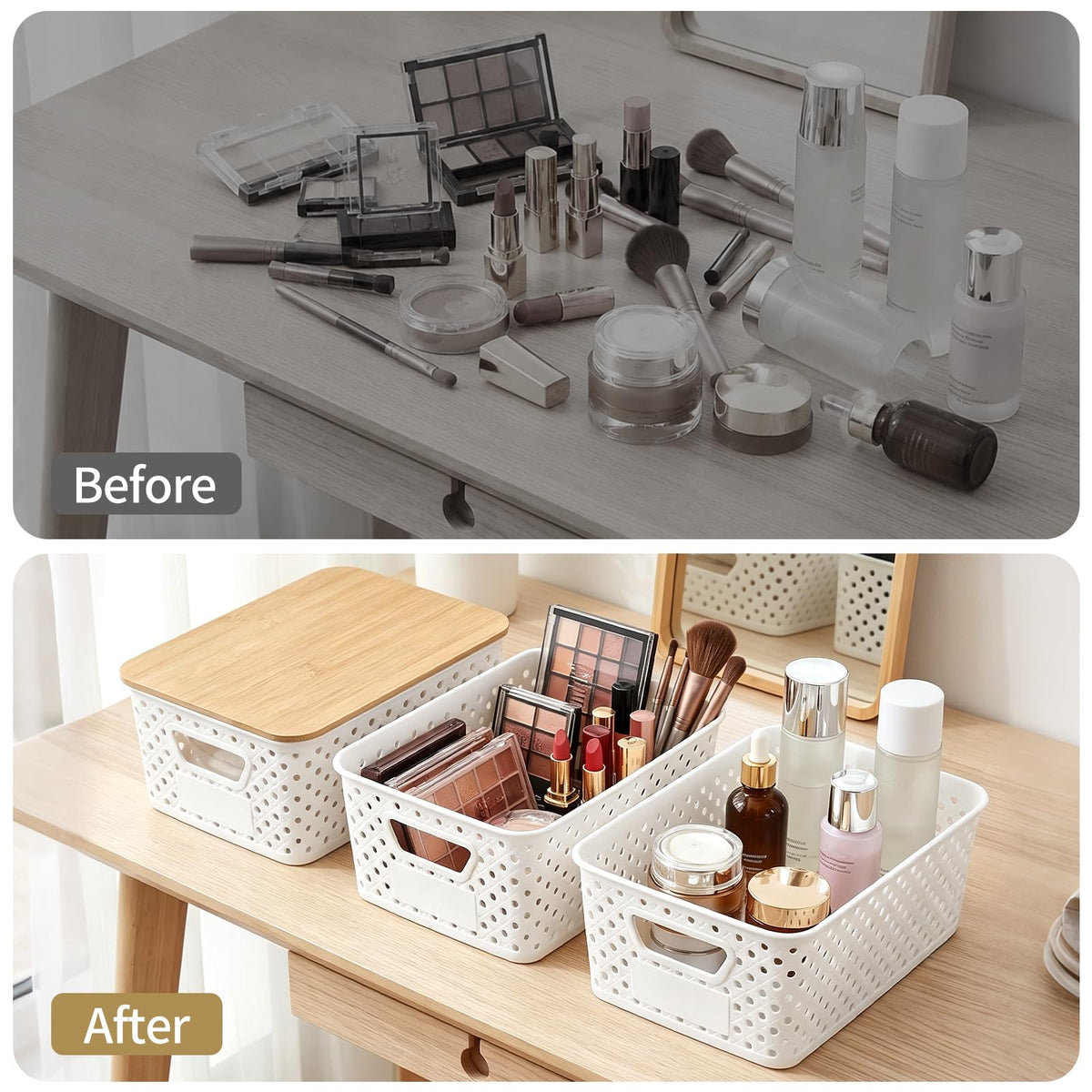 Yekolau 6 Pack Storage Bins for Shelves, Plastic Storage Containers with Bamboo Lids for Organizing, Stackable Storage Boxes with Handle - image 5