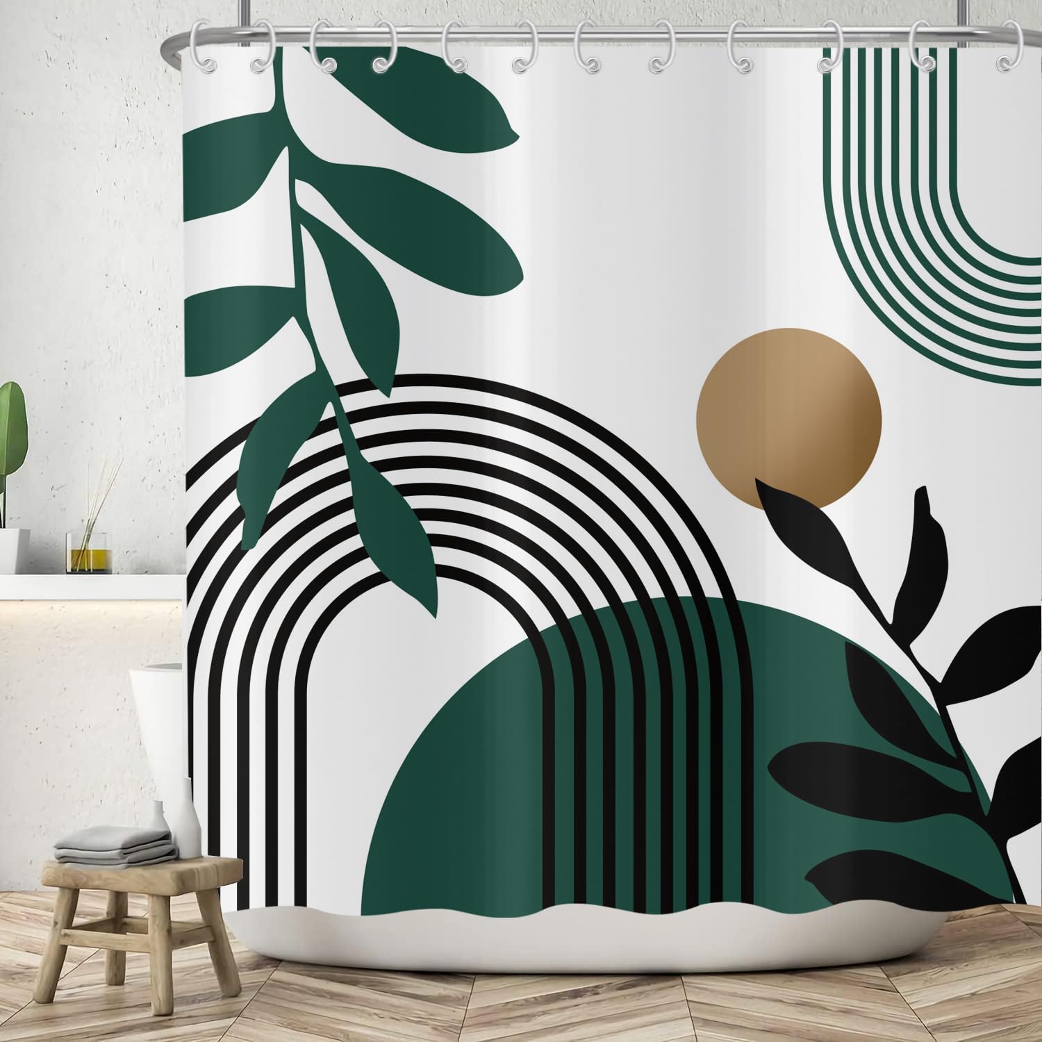 Boho Shower Curtain | Abstract Leaves & Sun Polyester 180x200cm