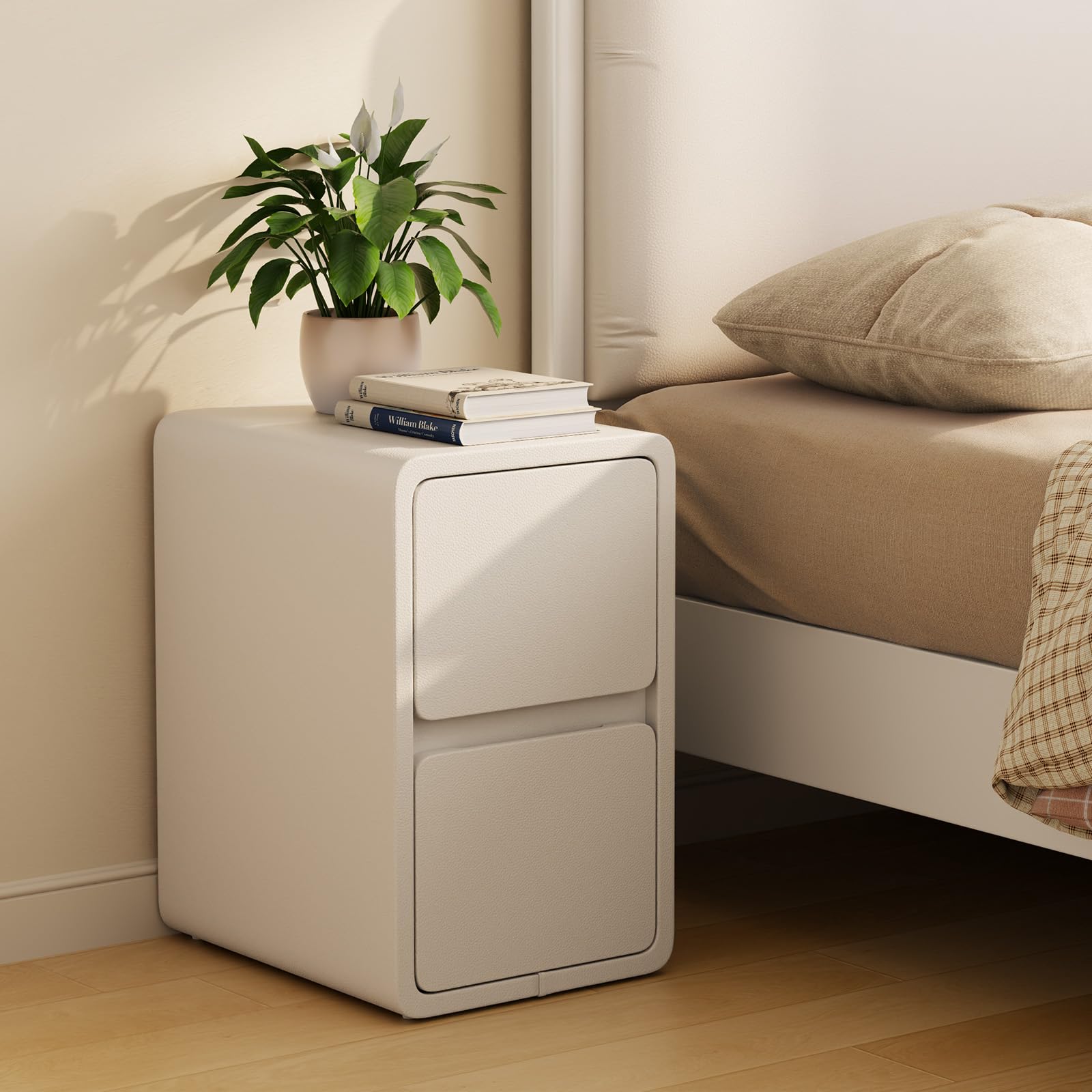 AQIMUELE Narrow Bedside Table | Pre-assembled White Leather Nightstand